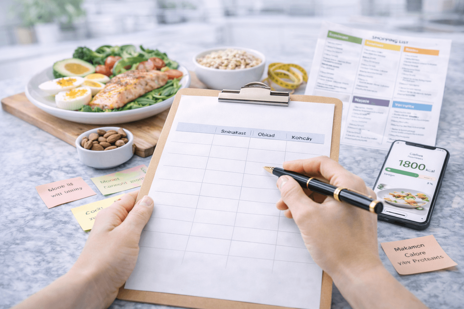 A graphic showing planning a menu for the entire week – hands filling out a weekly meal planner, next to it are healthy products, a shopping list, and a phone with an app showing a daily goal of 1,800 kcal.