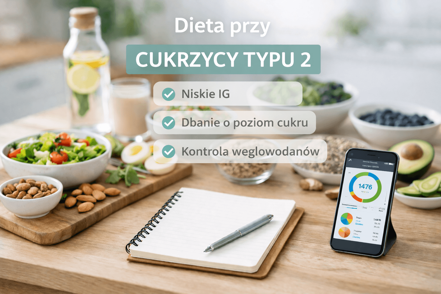 Graphic about a type 2 diabetes diet with healthy foods, a notebook, and a phone showing a diet app.