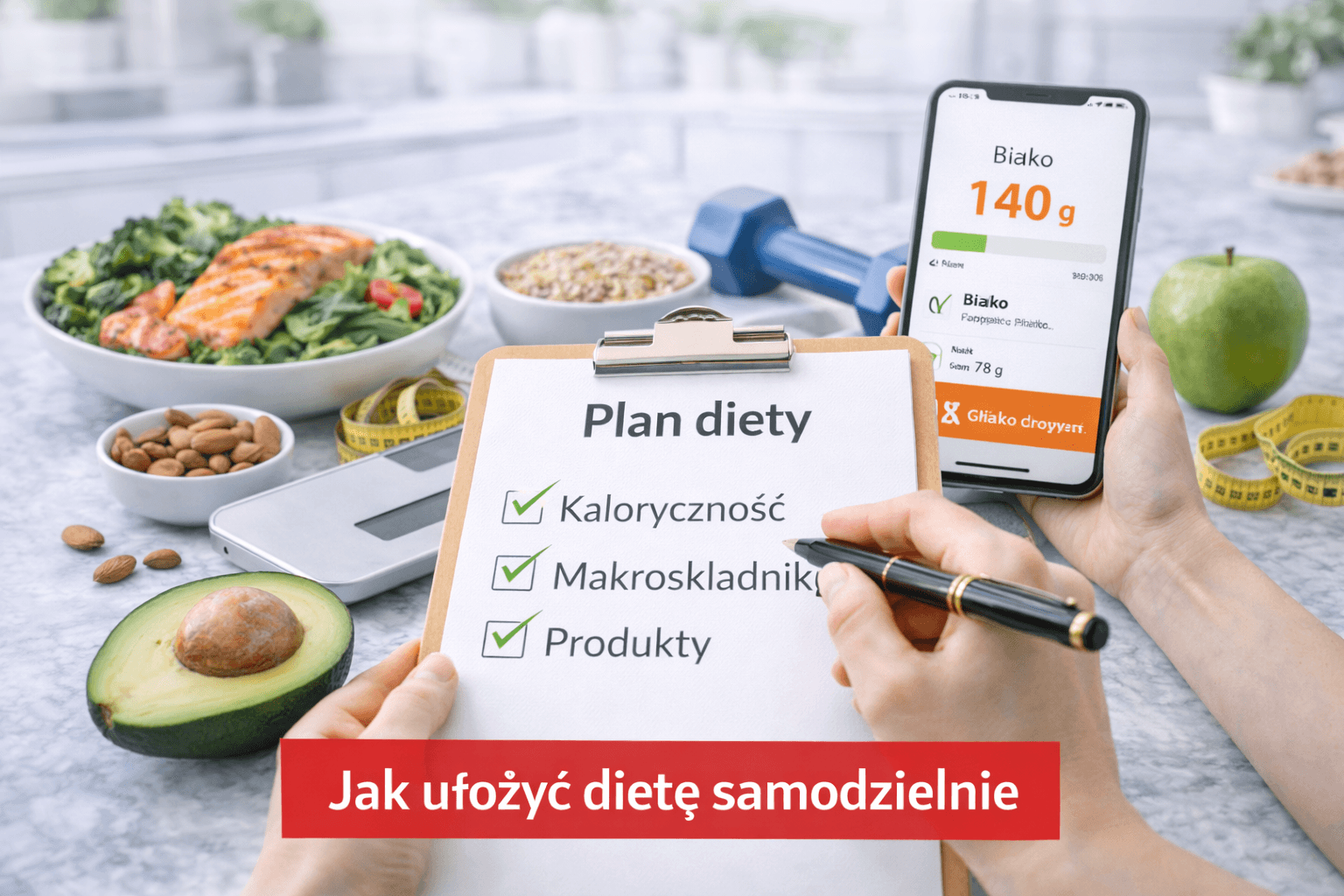 Graphic showing how to create a diet plan on your own – in the foreground there is a diet plan with items for calories, macronutrients, and products, alongside a phone displaying a protein intake goal and healthy food products.