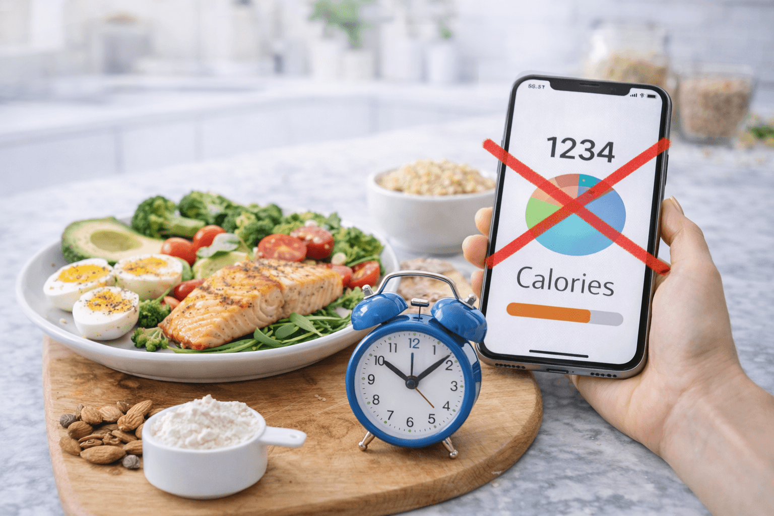 Graphic showing weight loss without counting calories – on the table there is a healthy meal with salmon, eggs, and vegetables, a clock, and a phone with a crossed-out calorie counter.