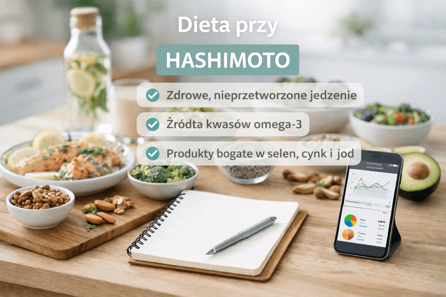 An informational graphic about the Hashimoto's diet. On the table are healthy, minimally processed foods, a notebook, and a phone with a diet app. The graphic includes the slogans: "Healthy, unprocessed food," "Sources of omega-3 fatty acids," and "Foods rich in selenium, zinc, and iodine."