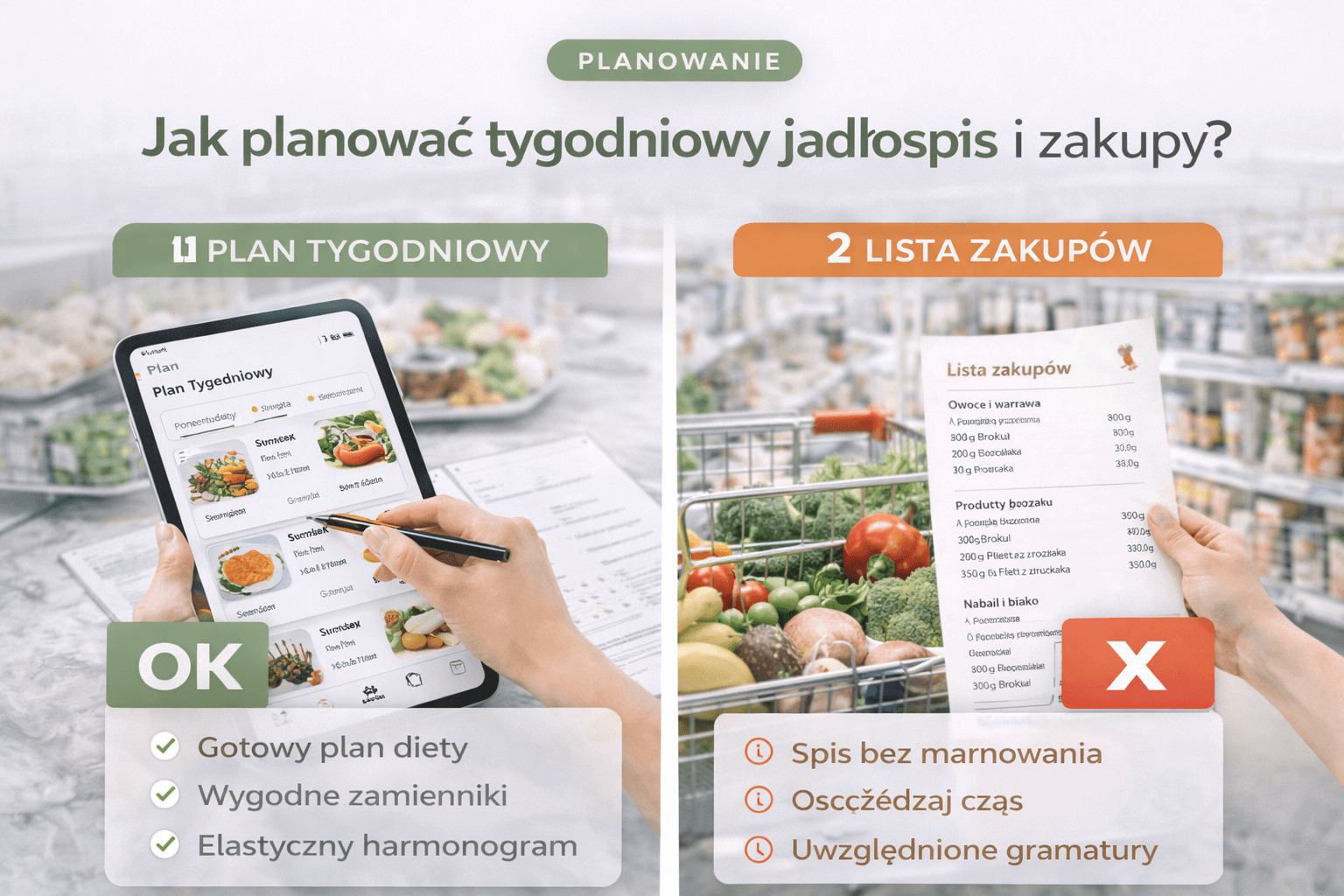 Planowanie tygodniowego jadłospisu i lista zakupów w aplikacji dietetycznej