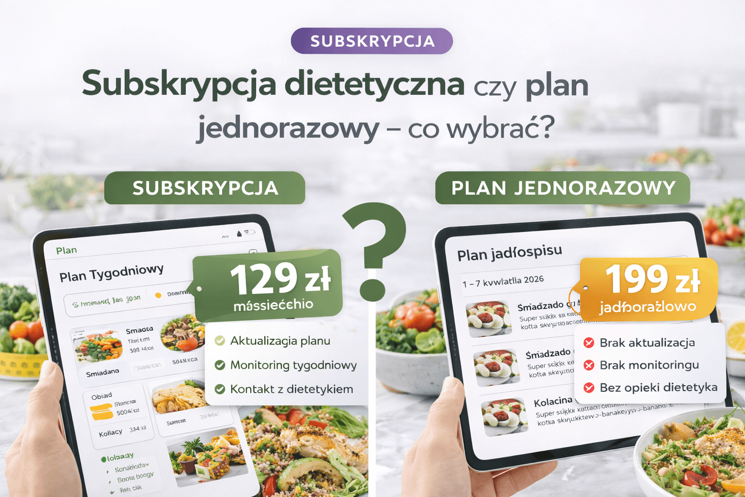 Porównanie subskrypcji dietetycznej i planu jednorazowego w aplikacji dietetycznej