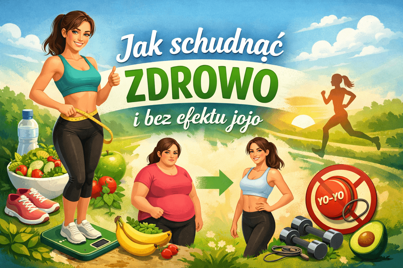 Ilustracja przedstawiająca zdrowe odchudzanie bez efektu jojo – kobieta mierząca talię, zdrowe jedzenie, aktywność fizyczna oraz przemiana sylwetki z nadwagi do szczupłej.