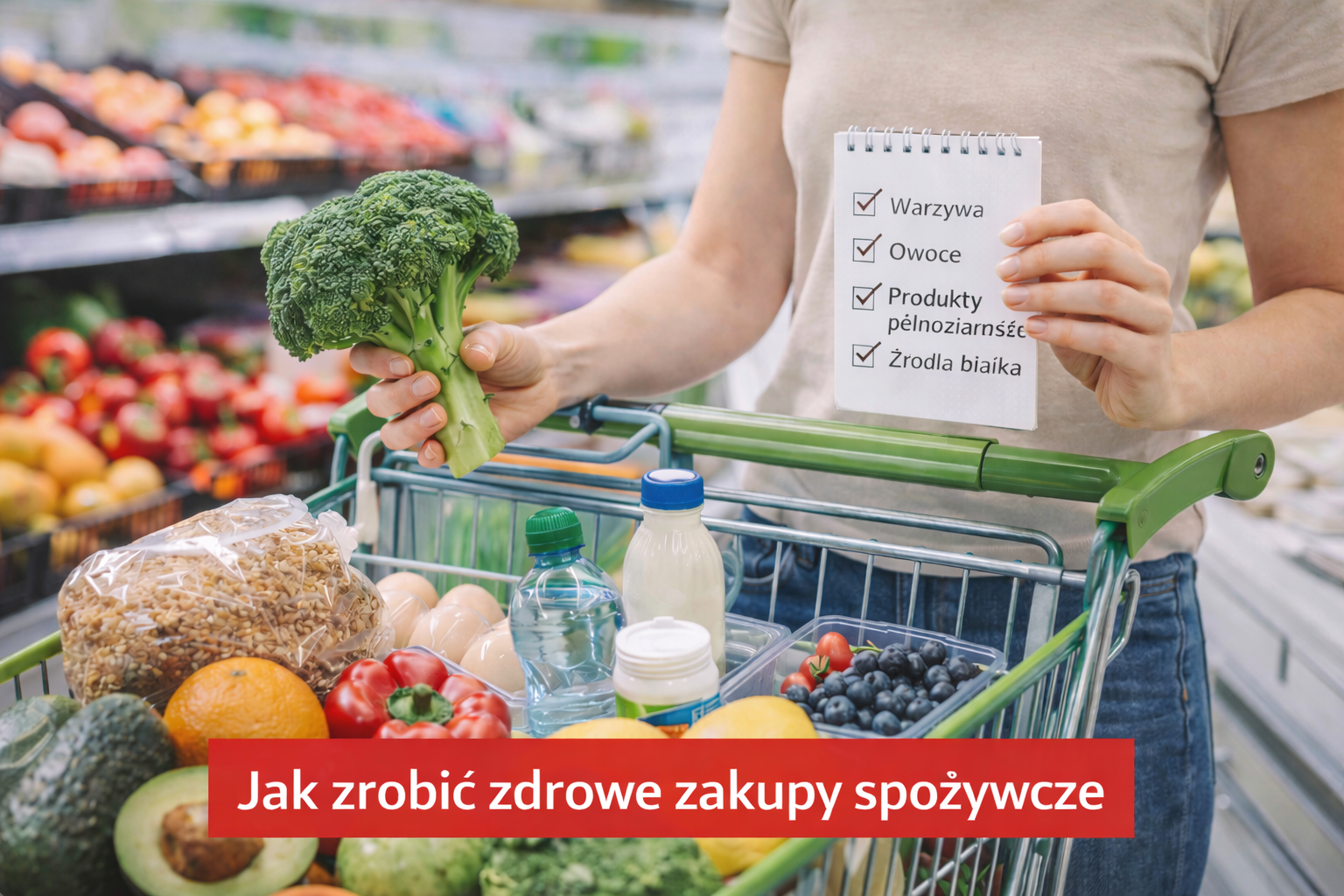 Grafika przedstawiająca zdrowe zakupy spożywcze – osoba stoi przy wózku pełnym warzyw, owoców i podstawowych produktów, trzyma brokuł oraz listę zakupów z zaznaczonymi kategoriami: warzywa, owoce, produkty pełnoziarniste i źródła białka.