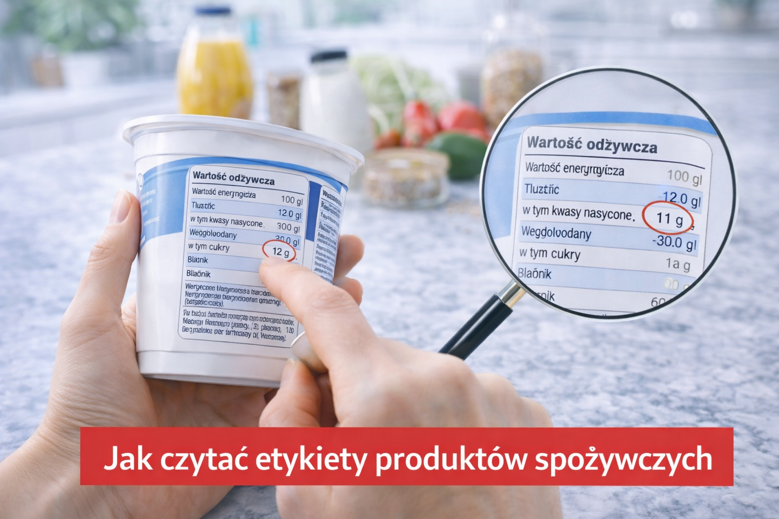 Grafika przedstawiająca czytanie etykiety produktu spożywczego – dłonie trzymają opakowanie z tabelą wartości odżywczych, a lupa powiększa wybrane pozycje na etykiecie, takie jak tłuszcz i cukry.