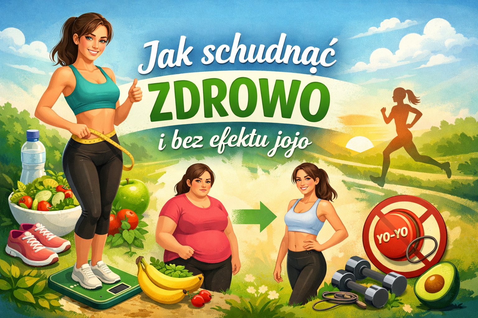 Ilustracja przedstawiająca zdrowe odchudzanie bez efektu jojo – kobieta mierząca talię, zdrowe jedzenie, aktywność fizyczna oraz przemiana sylwetki z nadwagi do szczupłej.