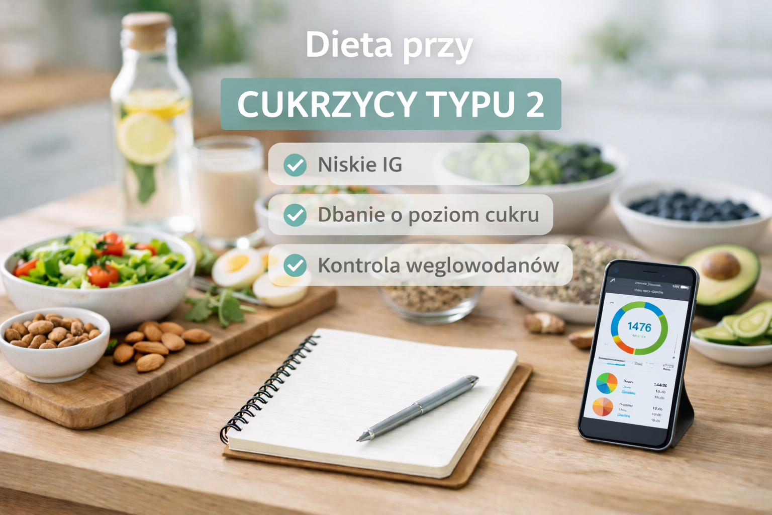 Grafika o diecie przy cukrzycy typu 2 z zdrowymi produktami, notatnikiem i telefonem z aplikacją dietetyczną.