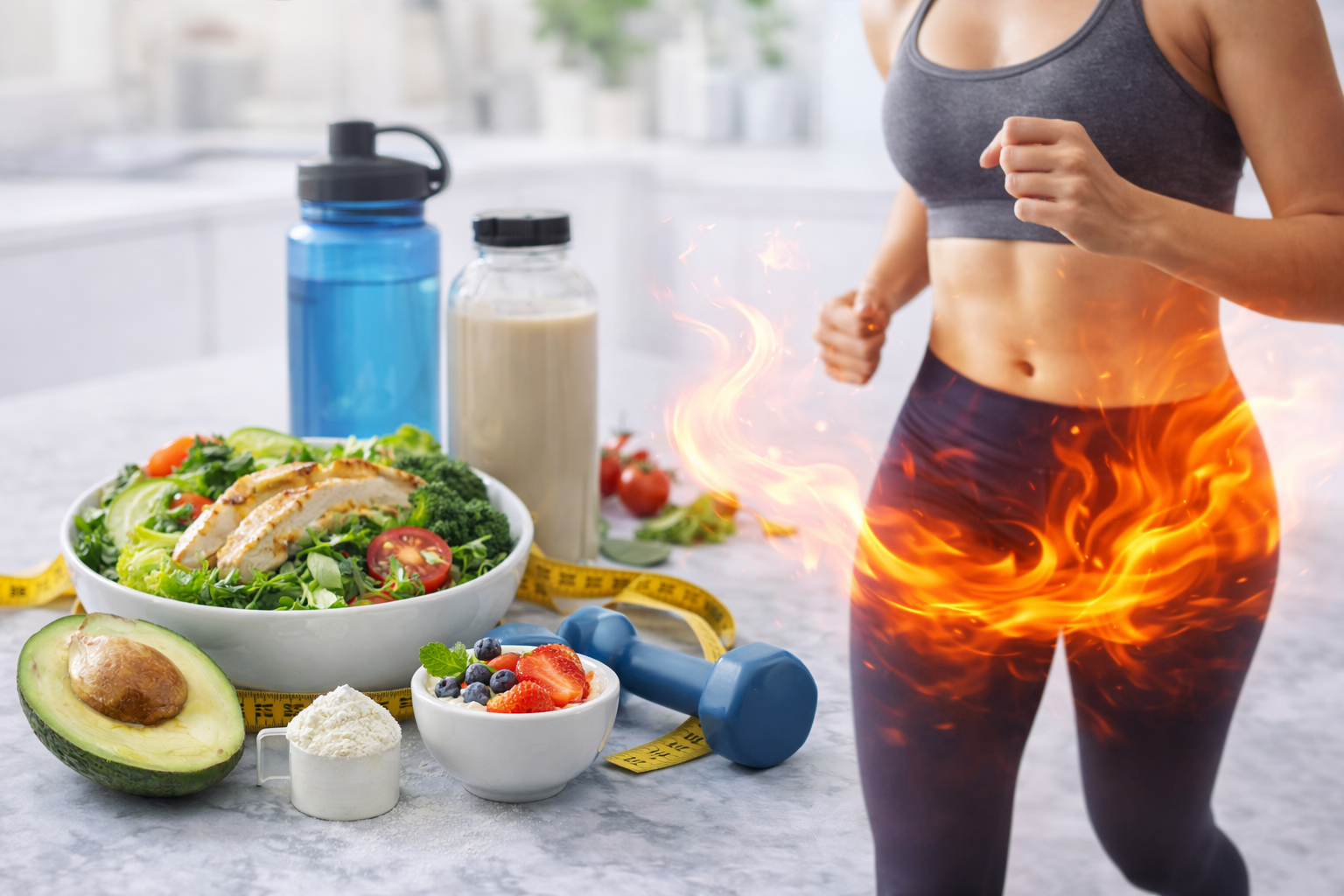 Grafika przedstawiająca przyspieszenie metabolizmu – kobieta w stroju sportowym biegnie obok zdrowych produktów, shakera, hantla i miarki, a na wysokości brzucha widoczny jest efekt płomieni symbolizujący spalanie kalorii.