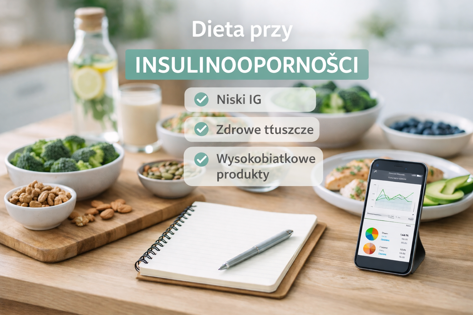 Grafika informacyjna o diecie przy insulinooporności. Na stole widać zdrowe produkty, notatnik oraz telefon z aplikacją dietetyczną. Na grafice widnieją hasła: „Niski IG”, „Zdrowe tłuszcze” i „Wysokobiałkowe produkty”.