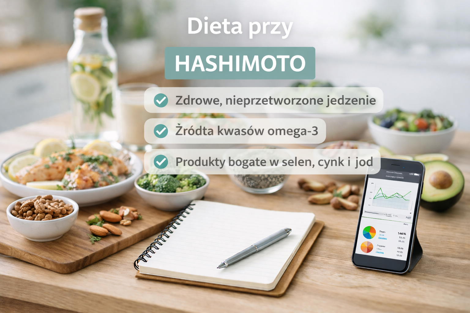 Grafika informacyjna o diecie przy Hashimoto. Na stole znajdują się zdrowe, mało przetworzone produkty, notatnik oraz telefon z aplikacją dietetyczną. Na grafice widnieją hasła: „Zdrowe, nieprzetworzone jedzenie”, „Źródła kwasów omega-3” oraz „Produkty bogate w selen, cynk i jod”.