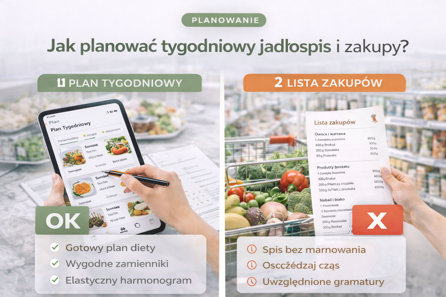 Planowanie tygodniowego jadłospisu i lista zakupów w aplikacji dietetycznej
